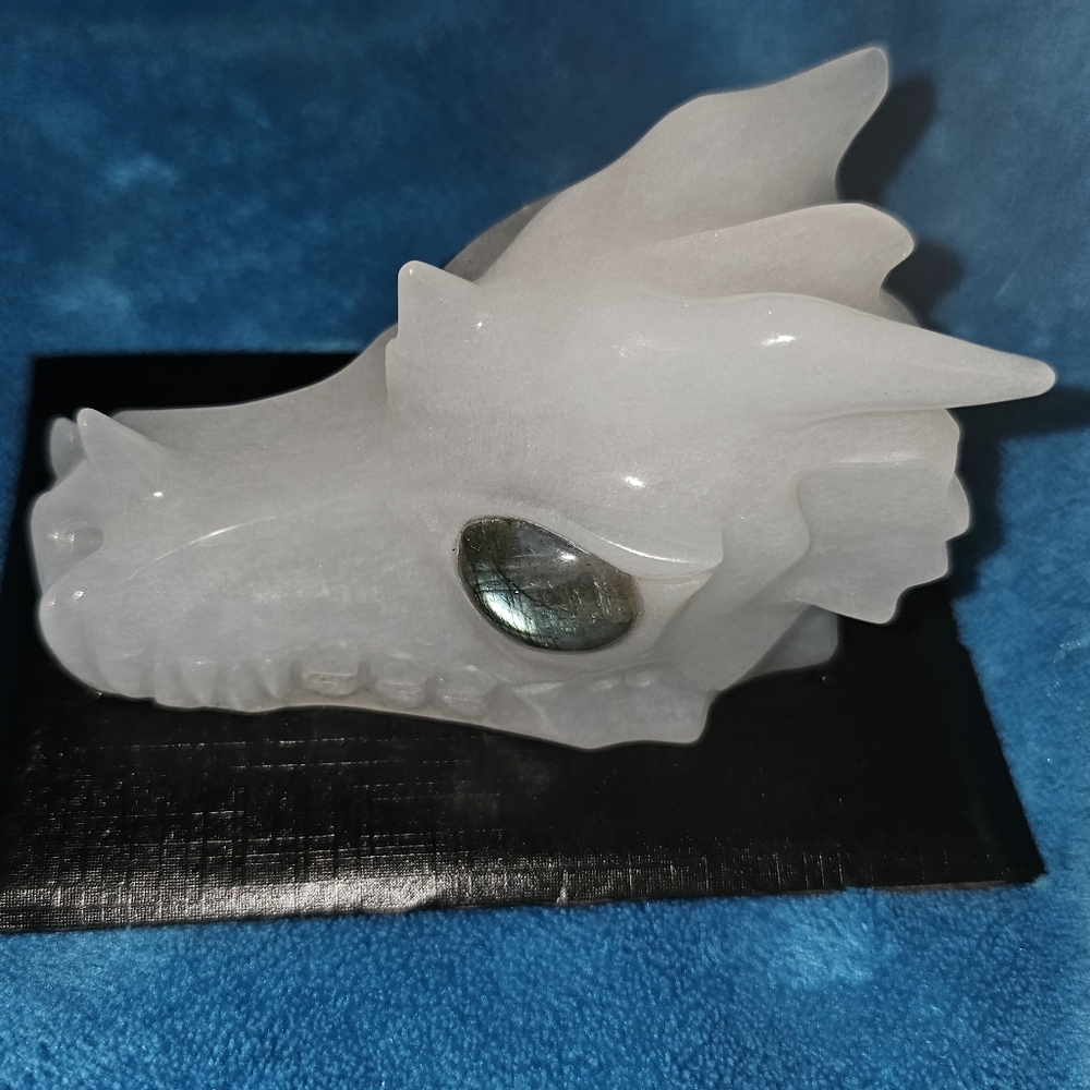 3.7" White Jade Hand Carved Crystal Dragon Skull with Labradorite Eyes, 297g NEW